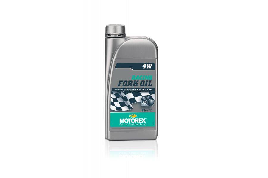 Motorex Racing Fork Oil 4W 1L bottle, high-performance suspension oil with 3D Response Technology for motorcycle forks.