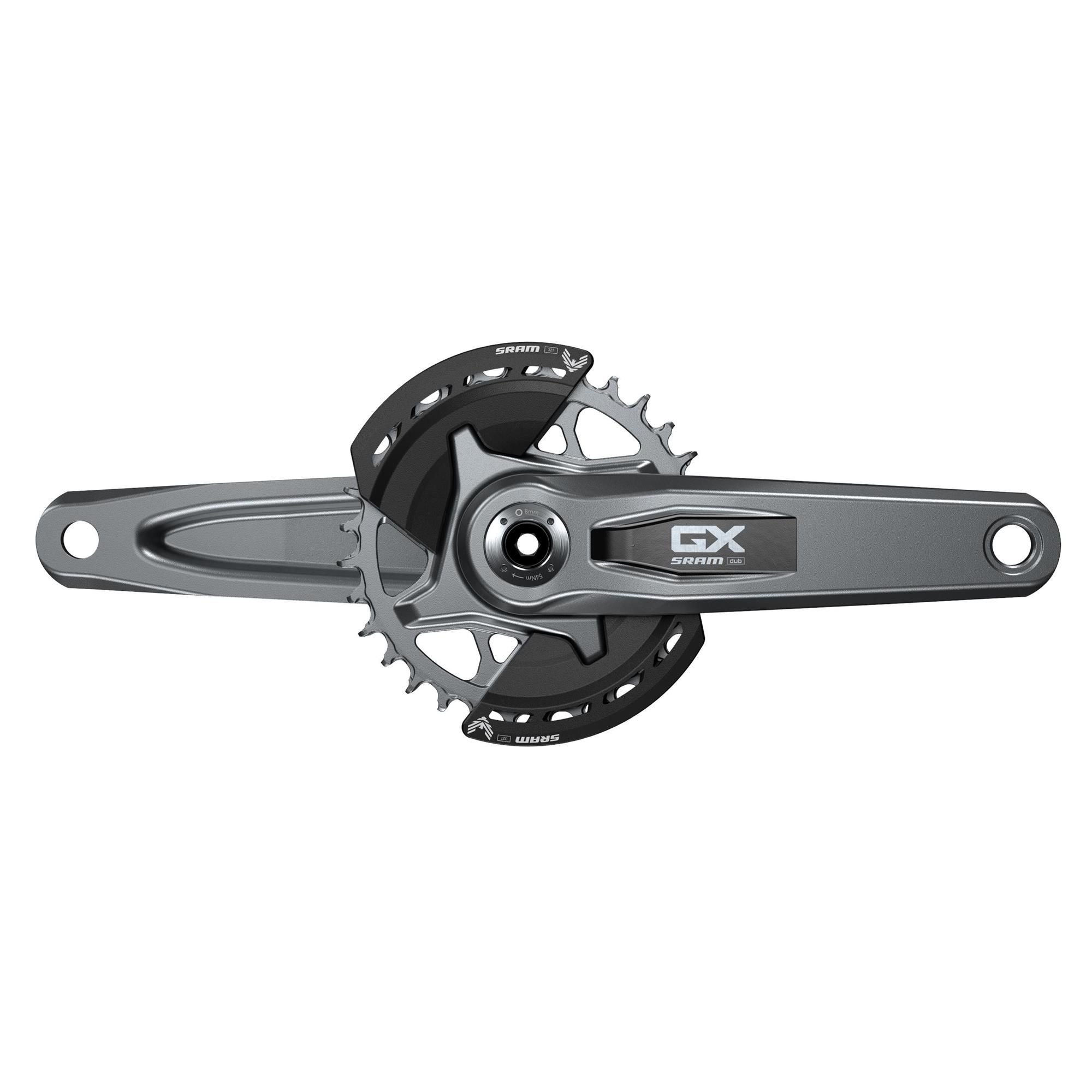 SRAM GX Eagle MTB crankset with 32T chainring, DUB wide spindle, Q174 chainline, includes dual chain guards, durable bike components