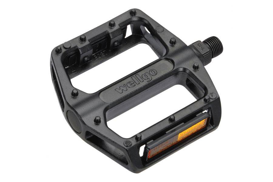 System Ex MP350 alloy flat pedals with CNC CroMo spindles for MTB and BMX bikes, featuring durable construction and grip-enhancing design.