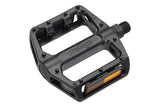 System Ex MP350 alloy flat pedals with CNC CroMo spindles for MTB and BMX bikes, featuring durable construction and grip-enhancing design.