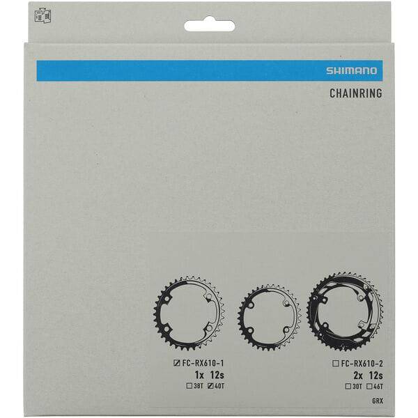 Shimano GRX FC-RX610-1 12-speed 40T single chainring for 1X crankset, close-up of black cycling component with gear teeth