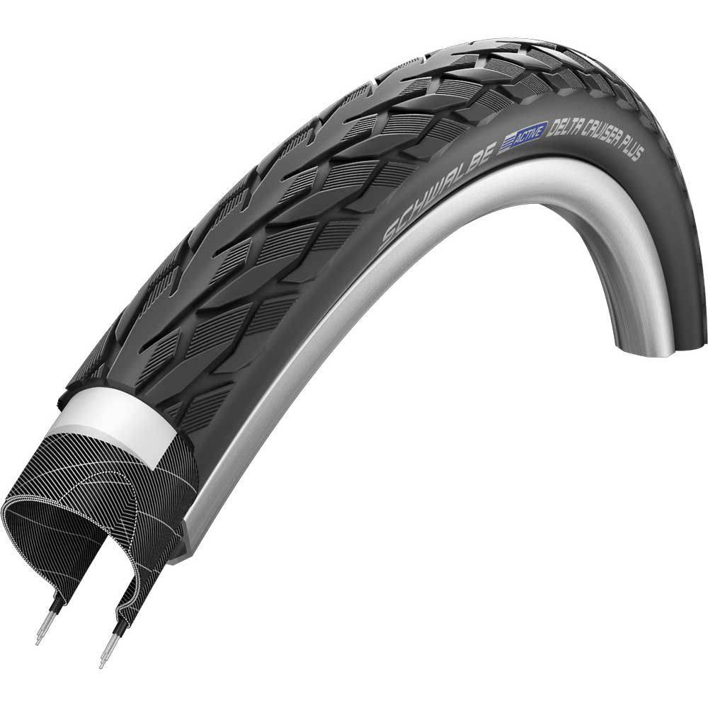 Schwalbe Delta Cruiser Plus puncture-resistant city and touring bike tire mounted on a bicycle wheel, suitable for e-bikes and touring rides.
