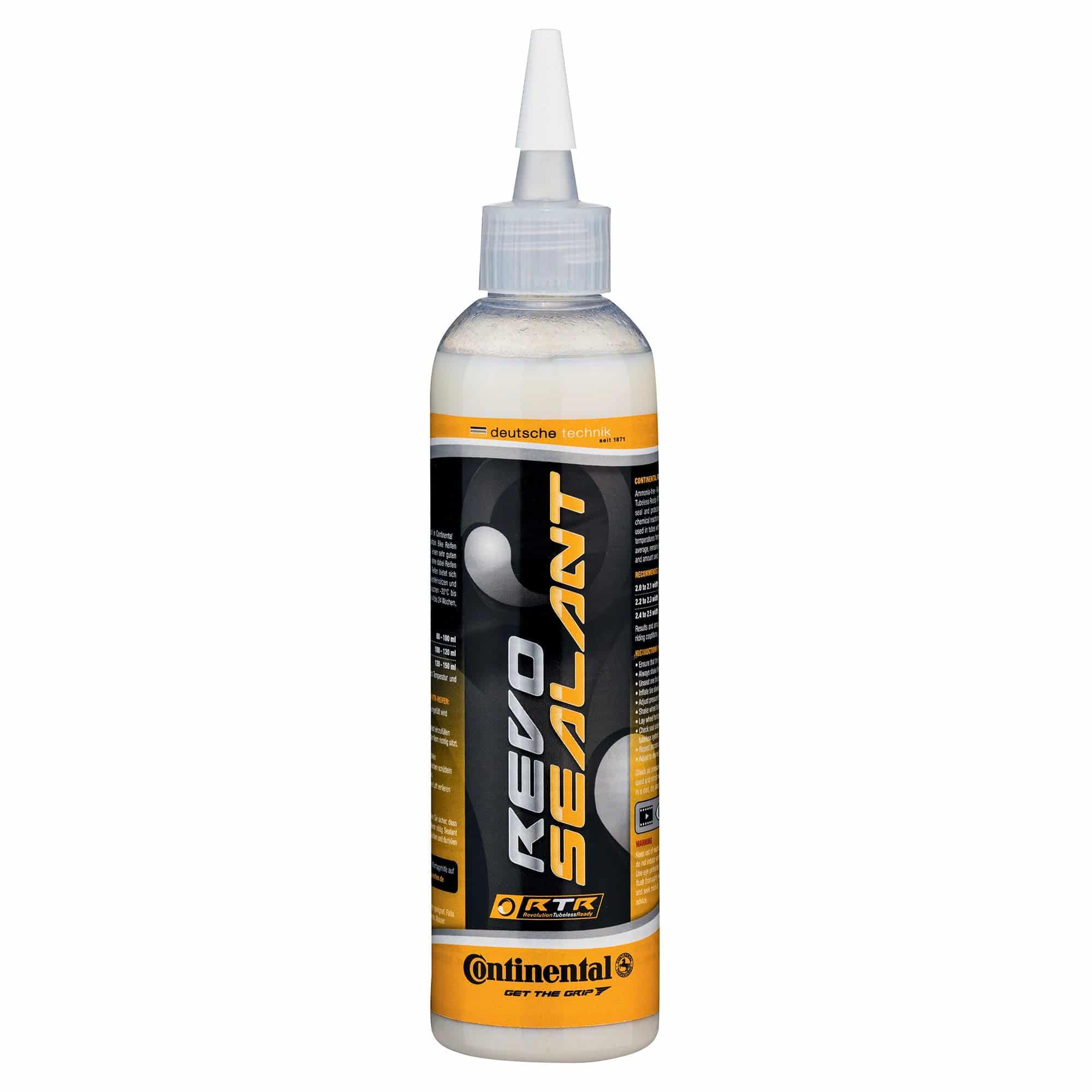 Continental Revo Sealant 240ml for bicycle tires, providing tubeless and tubular protection, shown in a clear bottle image.
