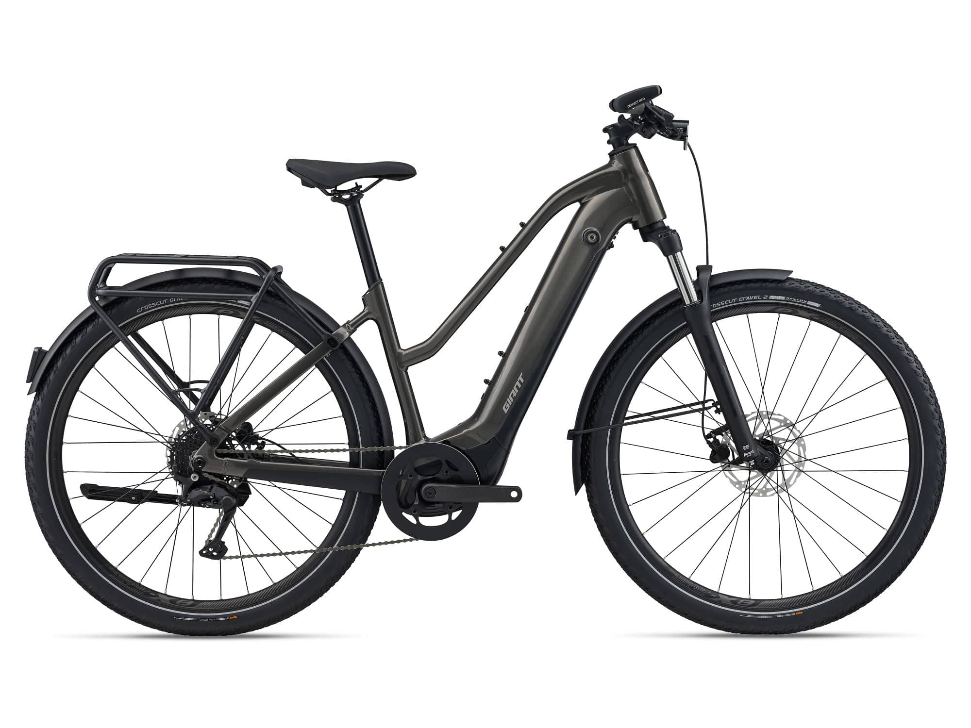 Giant Explore E+ 4 Stagger MY26 e-hybrid bike with EnergyPak 800 battery and Aegis safety features, shown outdoors.