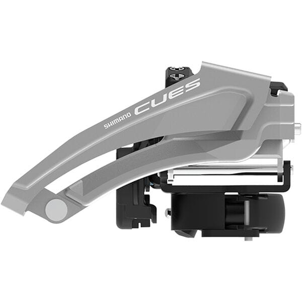 Shimano CUES FD-U4010-L 9-speed double front derailleur with low clamp top swing, mounted on a bicycle frame.