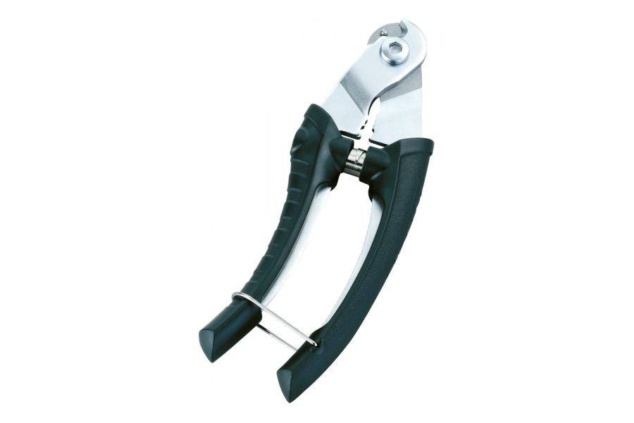 Topeak Cable and Housing Cutters with built-in crimper and re-former, black and silver, for precise bicycle cable work.