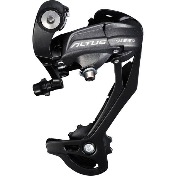 Shimano Acera RD-M370 Altus 9-speed SGS rear derailleur for mountain bikes, black, showcasing the component's design and build.