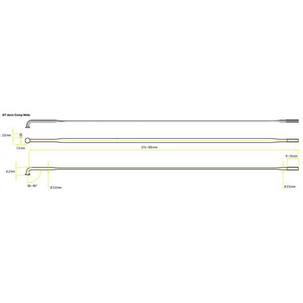 Set of 20 DT Swiss Aero Comp Wide Straight Pull 14G 2mm spokes for bicycle wheels, shown in a box.