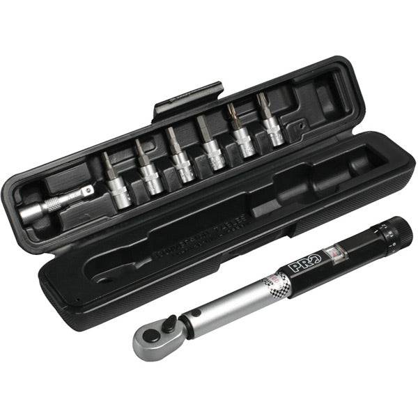 PRO workshop torque wrench with 3/4/5/6mm Allen sockets and T25/T30 bits for precise bike repairs, shown with attached tools.