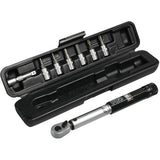 PRO workshop torque wrench with 3/4/5/6mm Allen sockets and T25/T30 bits for precise bike repairs, shown with attached tools.