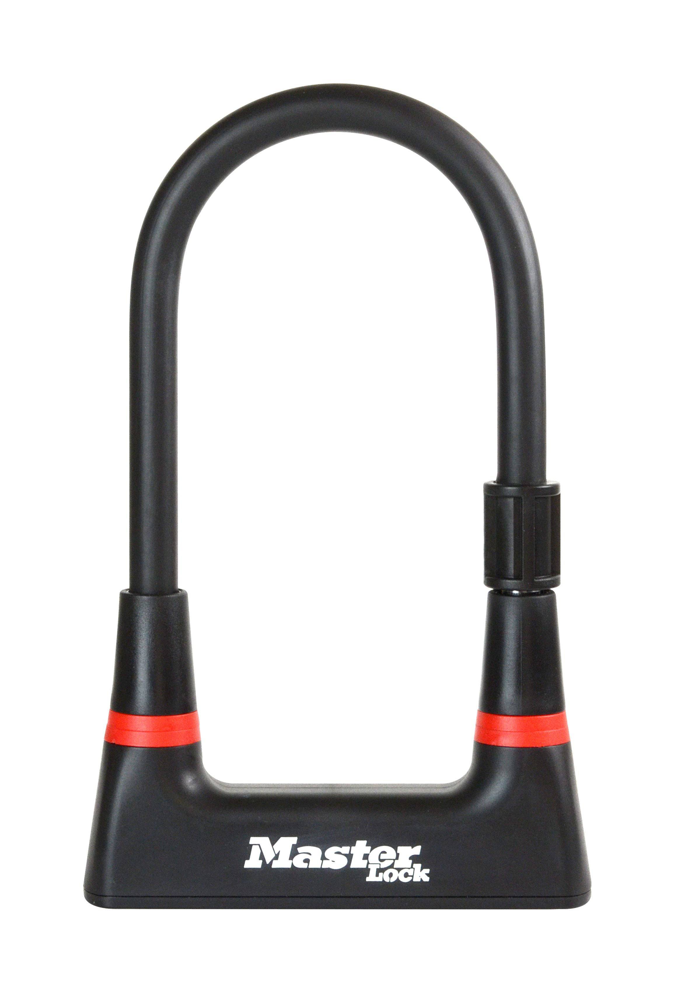 Master Lock U-Lock 8279 with carrier bracket, hardened steel bike lock measuring 10x21cm, designed for secure cycling accessories.