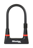 Master Lock U-Lock 8279 with carrier bracket, hardened steel bike lock measuring 10x21cm, designed for secure cycling accessories.