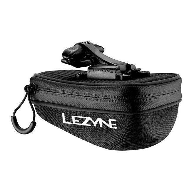 Lezyne Pod Caddy M QR saddle bag in black with reflective piping, quick-release bike storage accessory attached to bike saddle