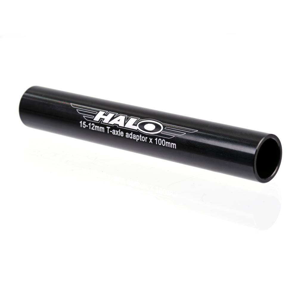Halo Front T-Axle Adapter Hub converting 15x100mm to 12x100mm for bicycle components, showing the adapter and hub details.