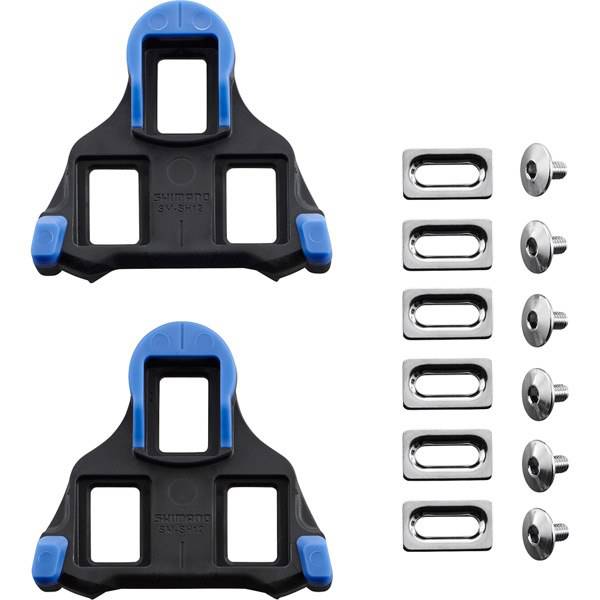 Shimano SM-SH12 SPD-SL blue cleats with front pivot and 2-degree float for bicycle pedals, showing the cleat's design and color.