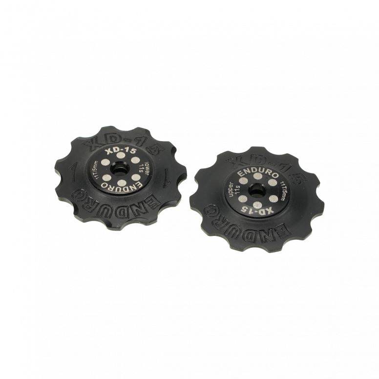 Enduro Bearings XD15 ceramic jockey wheels for Campagnolo 11-speed derailleurs, showing close-up of high-performance bicycle component.