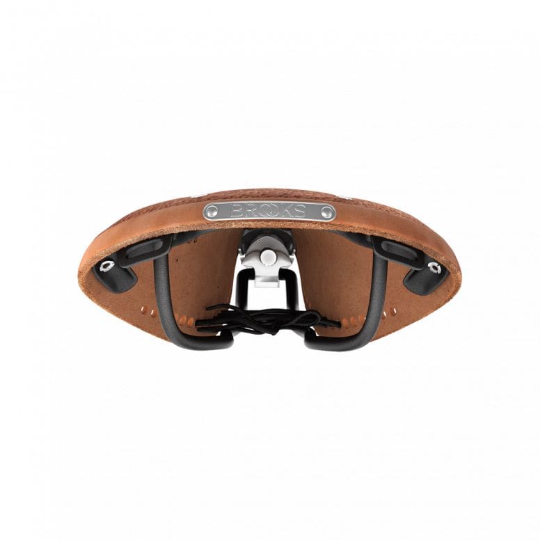 Brooks B17 Softened Tan Leather Bike Saddle with black steel rails, showing the cushioned, vintage-style design and durable construction.