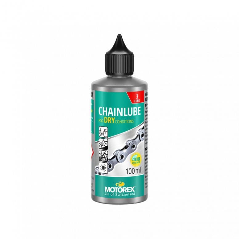 Motorex Chainlube Dry Conditions 100ml synthetic bike chain lubricant with PTFE, suitable for dry riding conditions.