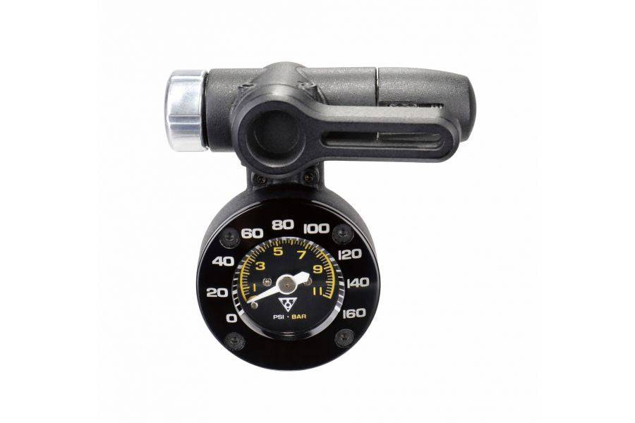 Topeak Shuttle Gauge G2 black tire pressure gauge showing pressure reading up to 160 PSI for Presta, Schrader, and Dunlop valves.