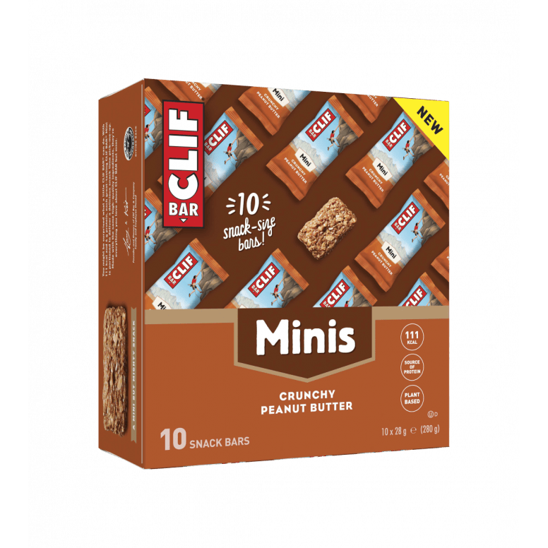 Box of 10 Clif Nutrition Mini Bars, plant-based protein snack bars, shown in a colorful display with various flavors.