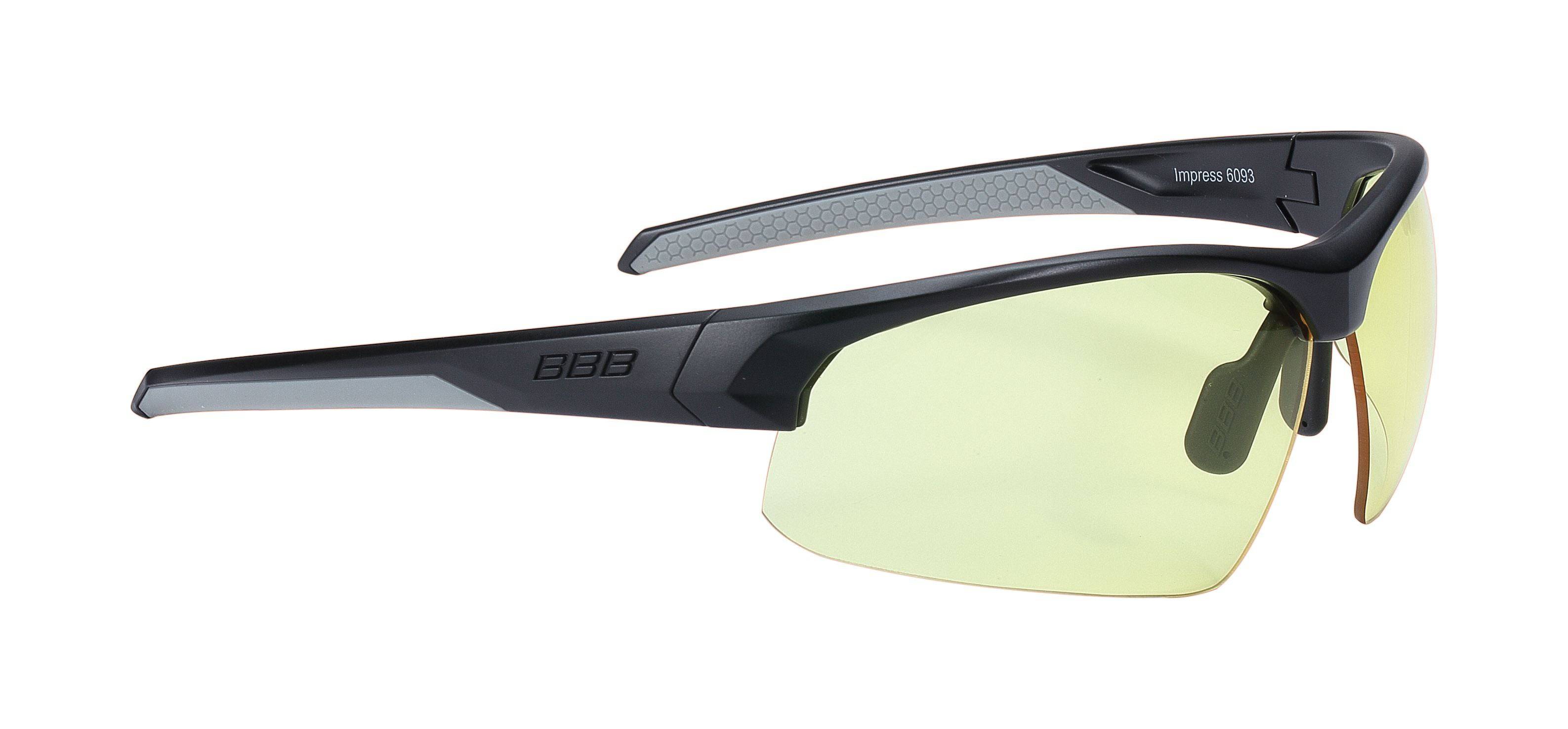 BBB BSG-60D sport glasses with yellow lenses and black frames, displayed in a display box of 12, designed for active wear.