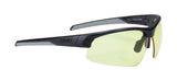 BBB BSG-60D sport glasses with yellow lenses and black frames, displayed in a display box of 12, designed for active wear.