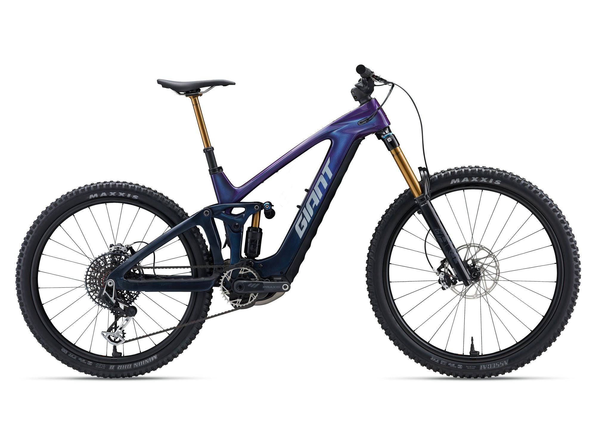 Giant Reign Advanced E+ 0 2026 electric mountain bike with SyncDrive Pro 3 motor and Maestro suspension, black frame and knobby tires.