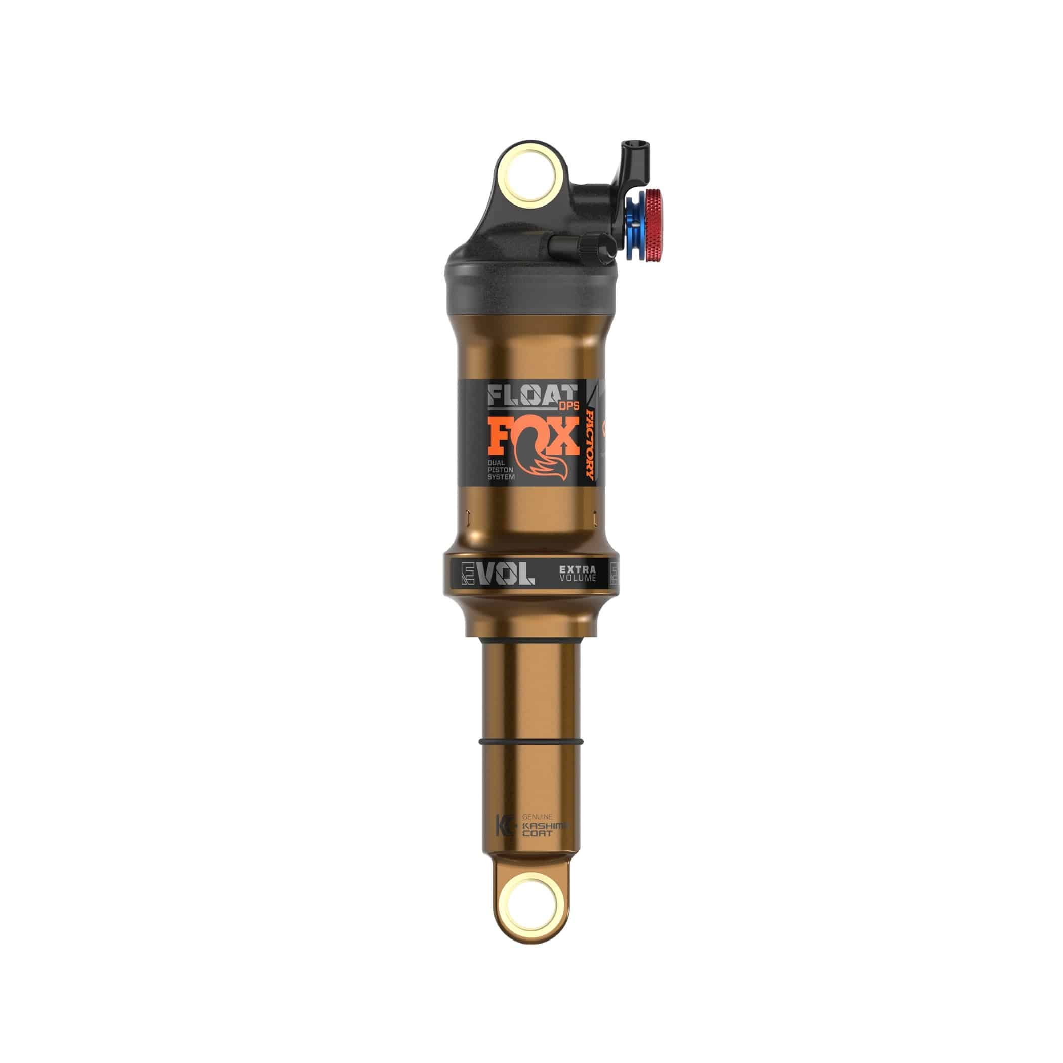 Fox Float DPS Factory rear shock with Kashima coating and 3-mode suspension, showing the shock's remote control and sleek design.