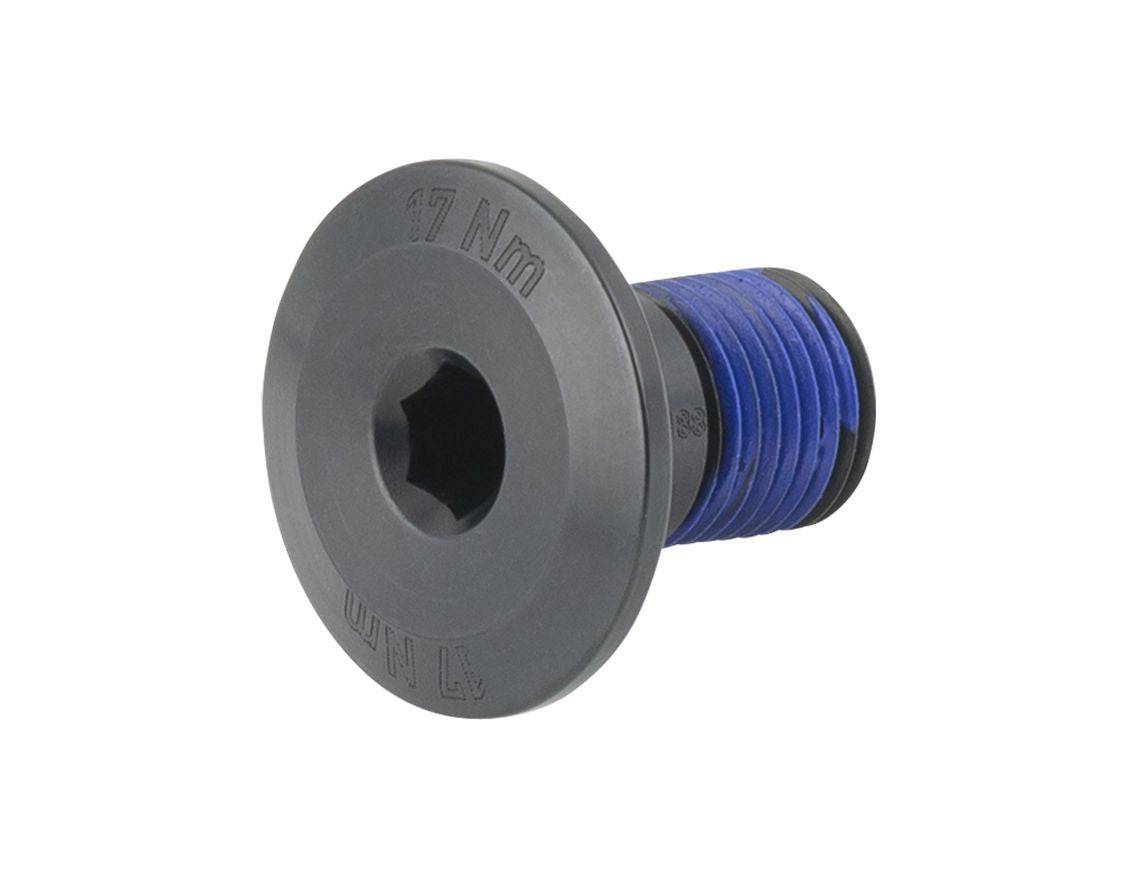 Black Trek Top Fuel 29 Trunnion Mount upper shock bolt M10 x 16mm, component for mountain bike suspension assembly.