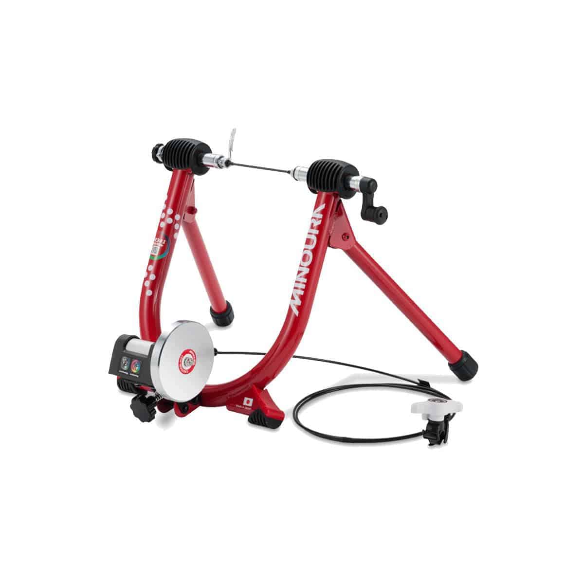 Minoura LR341 indoor cycling trainer in red with 7 resistance levels, compact fitness accessories for home cycling workouts