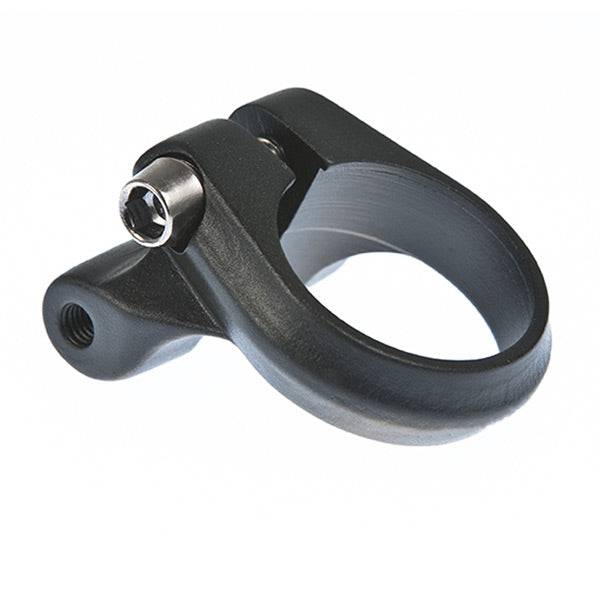 Black M Part seat clamp mount for 31.8mm bike seat posts with M5 rack bosses, suitable for bike component upgrades.