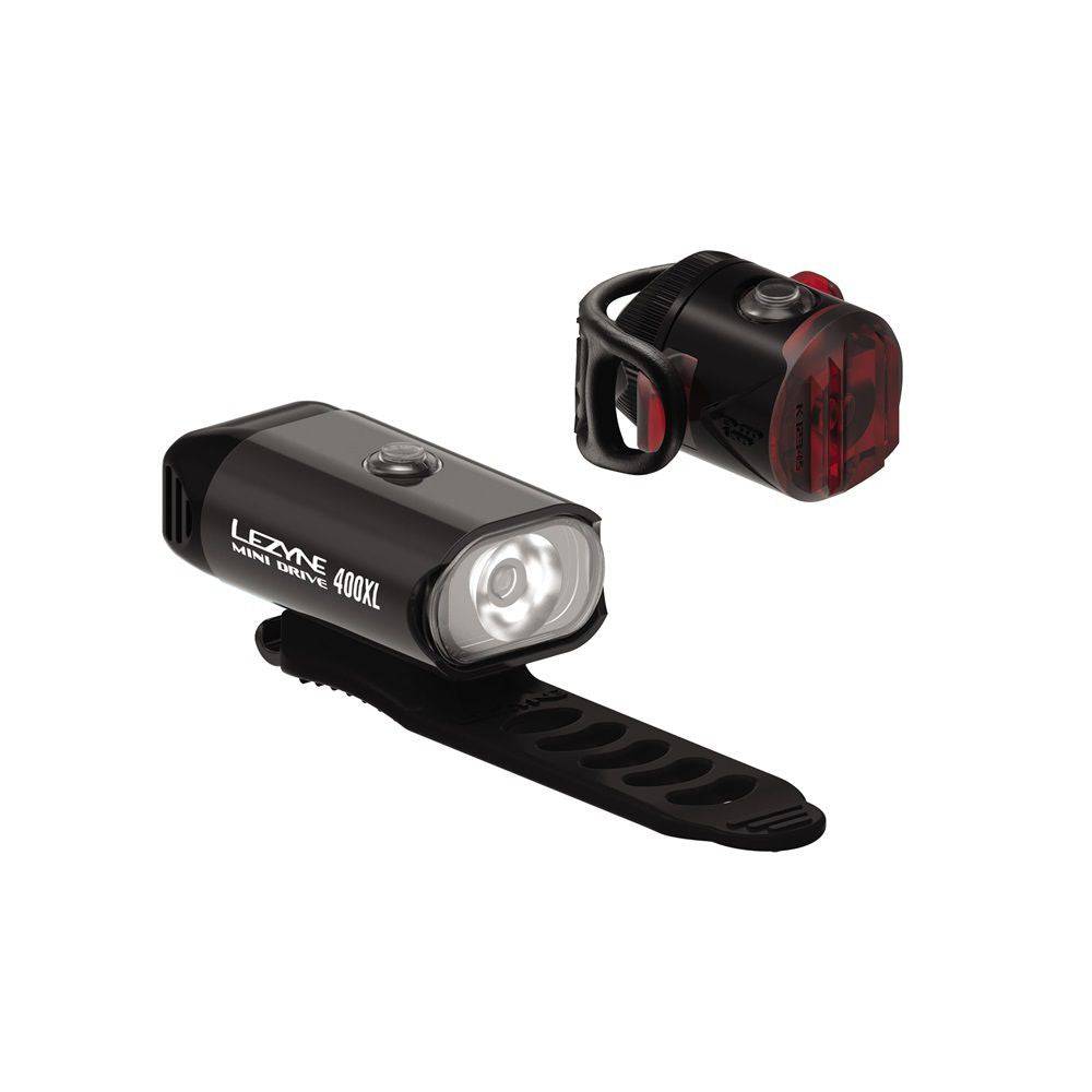 Lezyne Mini Drive 400 and Femto USB bike lights in black, compact and lightweight accessories for bike safety and visibility.