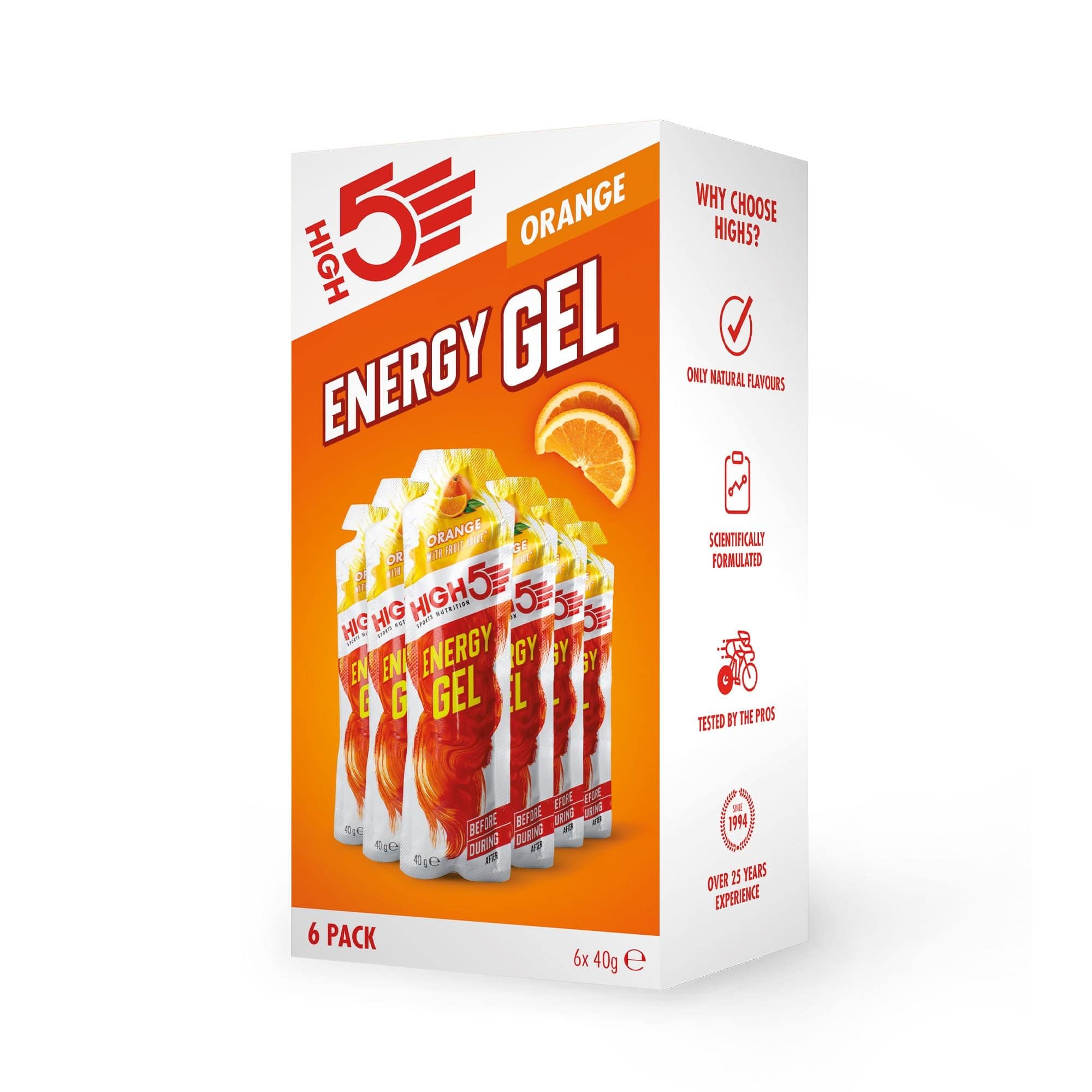 High5 energy gel pack with six quick-release carb gels for endurance and sustained energy during athletic activities