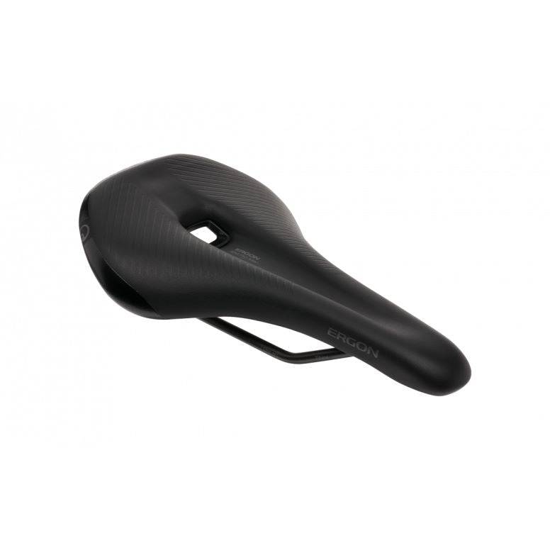 Ergon SM Pro men's mountain bike saddle with ergonomic pressure relief design, showcasing the saddle's shape and supportive padding.