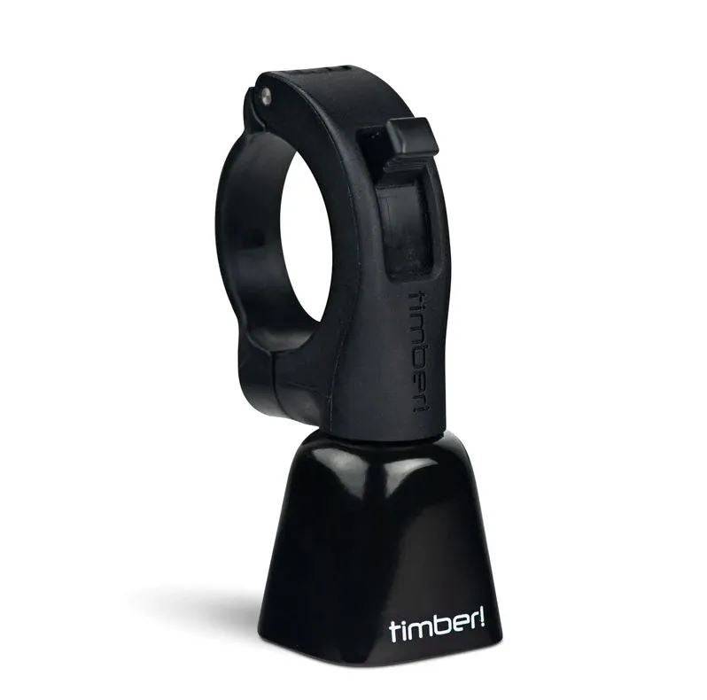 Timber Bells Model Yew bolt-on bike bell with modular replaceable parts, durable cycling accessory, shown mounted on bike handlebar.