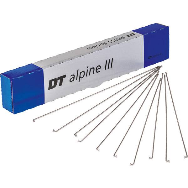 DT Swiss Alpine III Box 100 spokes for e-bike and touring bike wheels, showcasing durable metal spokes with black finish.