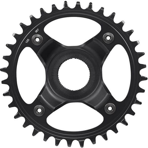 Shimano STEPS SM-CRE80-12-B 12-speed 36T single chainring with 55mm chain line, no guard, bicycle component close-up image.