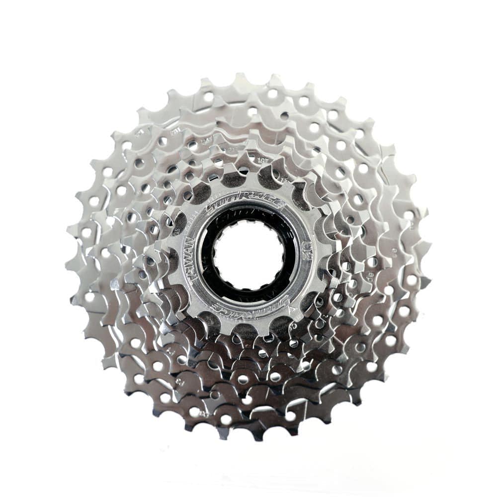 SunRace MFM60 8-speed freewheel with 13-32T gear range and Fluid Drive Technology, showcasing the component's metal construction and gear teeth.