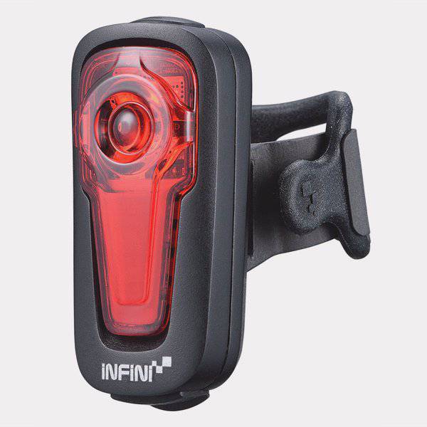 Infini Metis rechargeable rear light with automatic brake light function, showcasing sleek design and mounting features for bike safety.