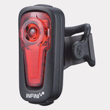 Infini Metis rechargeable rear light with automatic brake light function, showcasing sleek design and mounting features for bike safety.