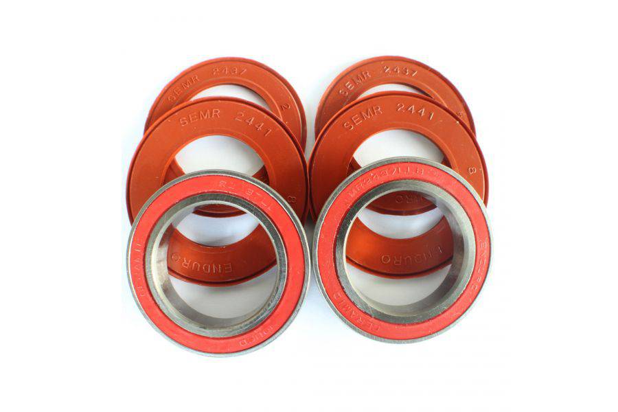 Enduro Bearings BSA ceramic hybrid bearing kit for 24mm outboard bottom brackets, showing sleek components and precision design.