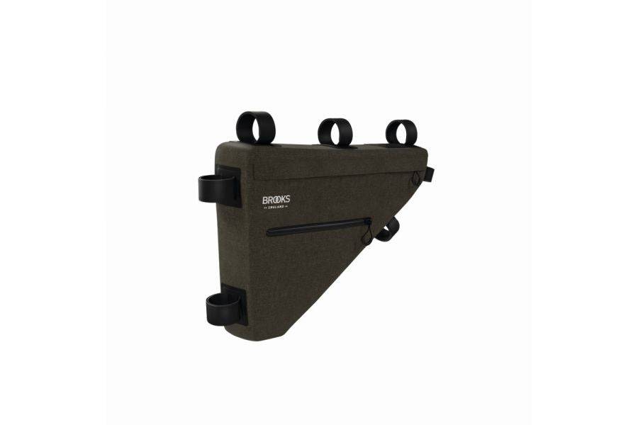 Brooks Scape full frame bike bag in mud green, waterproof accessory with 5L storage, attached to a bicycle frame.