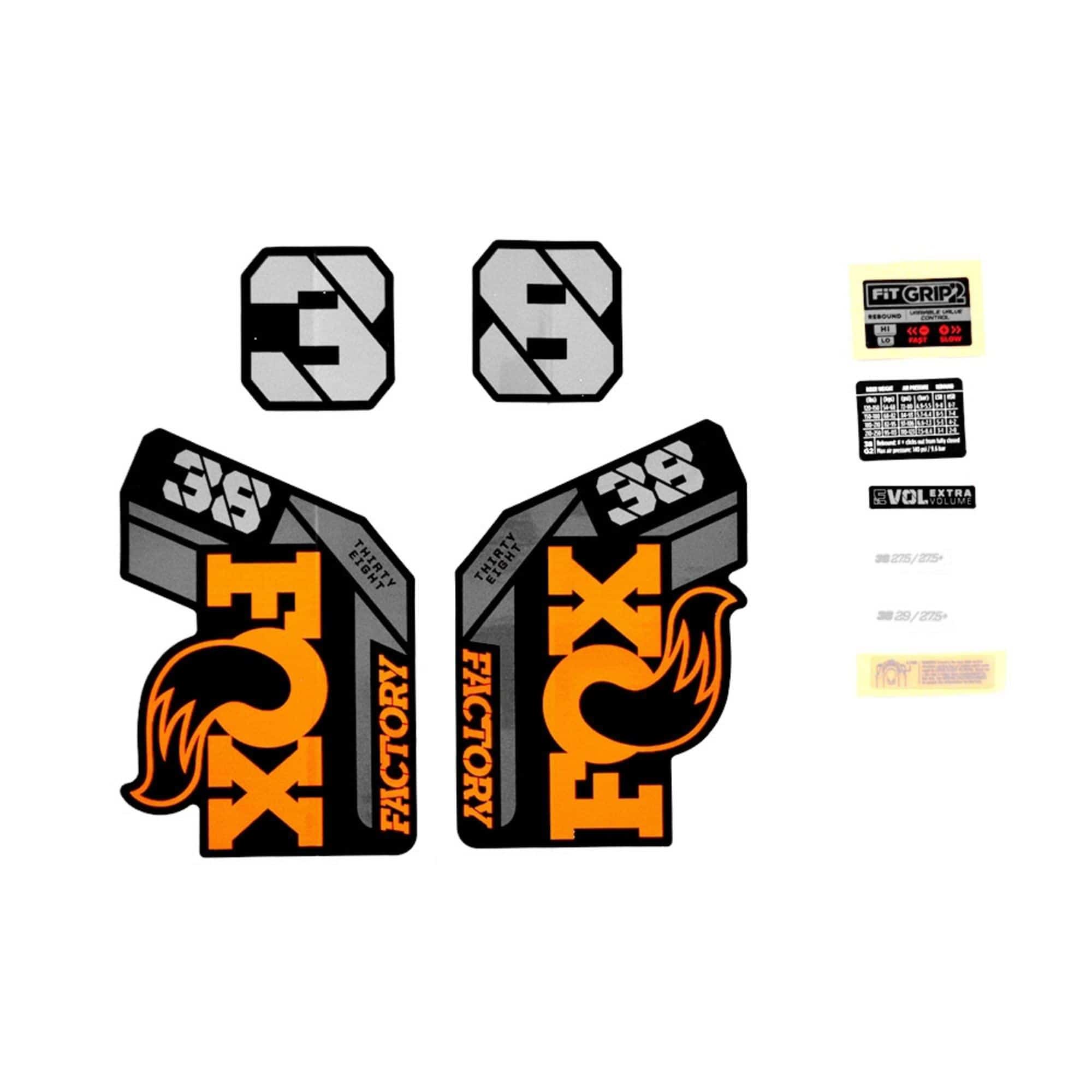 Fox Fork 38 Decal Kit 2021 with orange logo and shiny black accents, designed for Fox components and accessories.