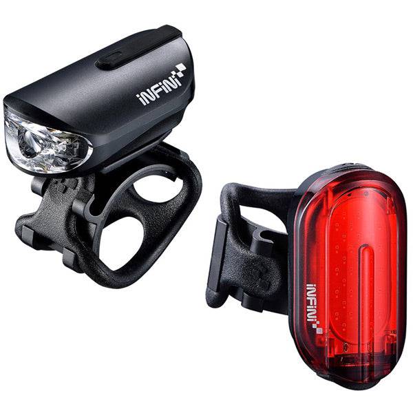 Infini Olley Micro USB rechargeable front and rear bike light set in black, compact cycling accessories for visibility and safety.