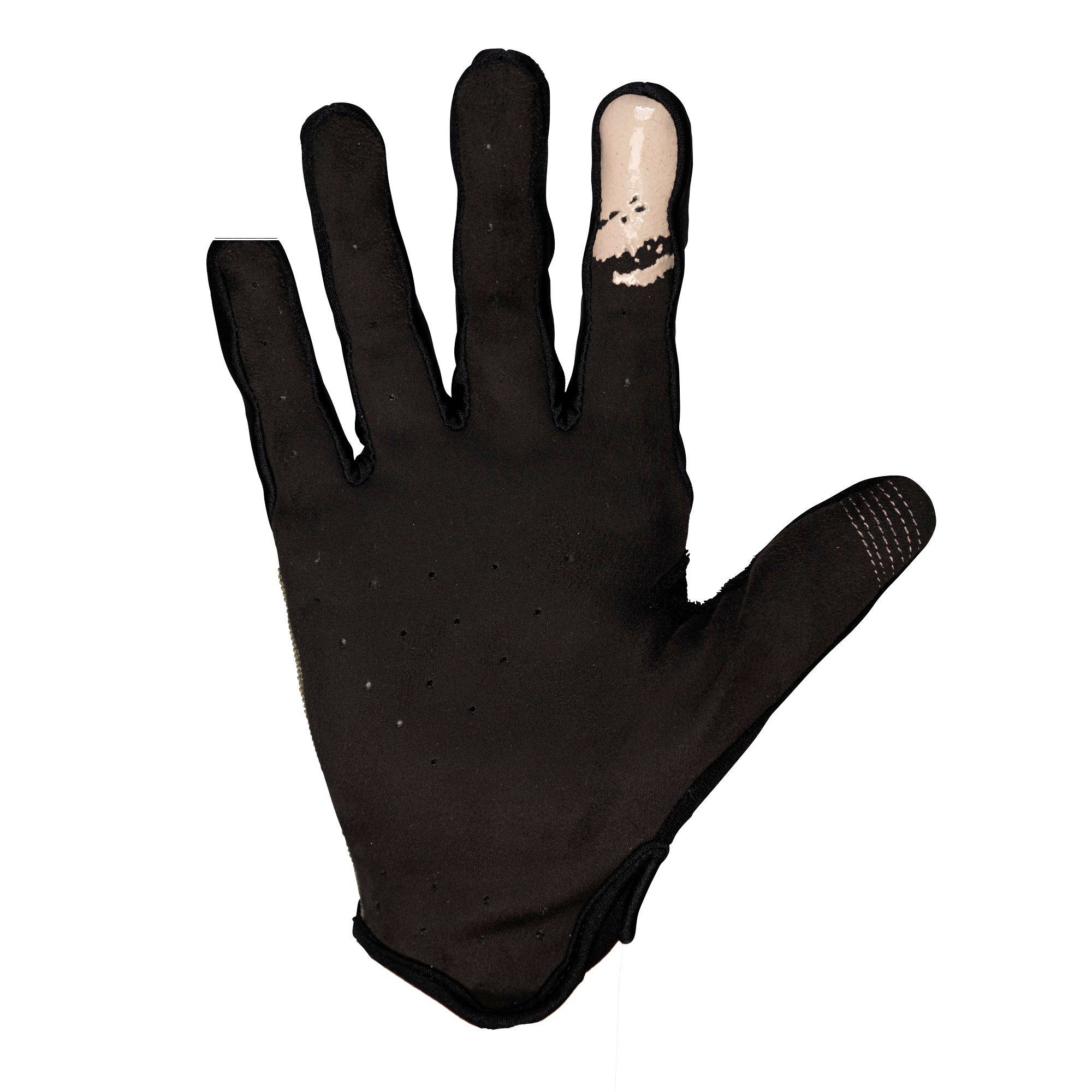 Race Face Trigger MTB gloves with breathable perforated palm and sweat-absorbing thumb panel for comfortable mountain biking.