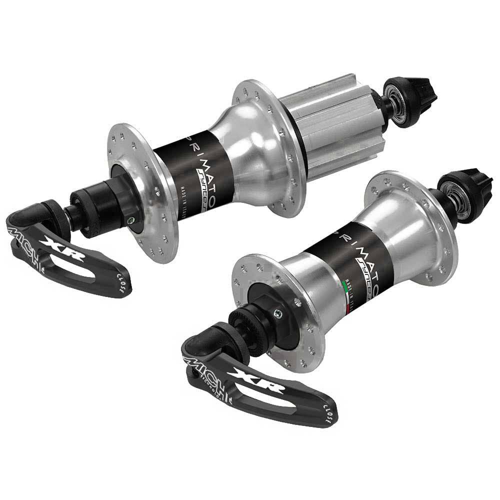 Miche Primato Syntesi Silver hub pair for Campagnolo and Shimano drivetrain components, showing front and rear bike hubs.