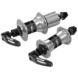 Miche Primato Syntesi Silver hub pair for Campagnolo and Shimano drivetrain components, showing front and rear bike hubs.