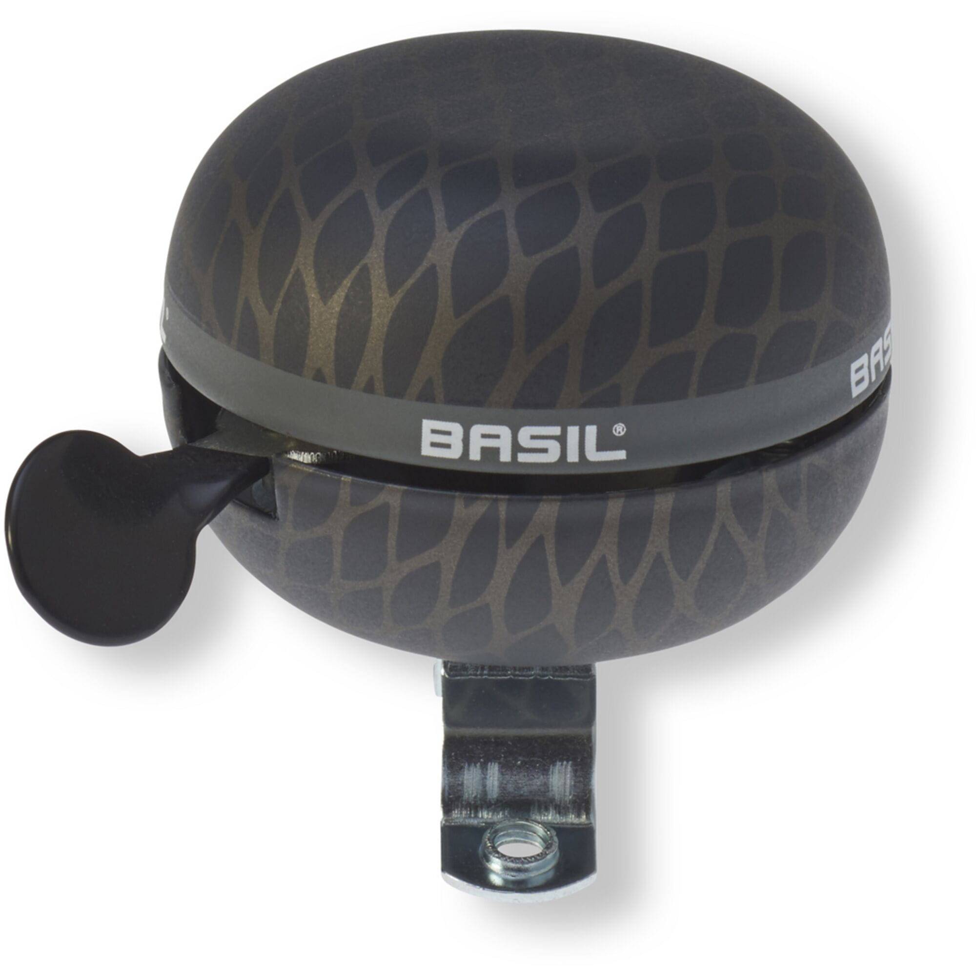 Basil Noir bicycle bell in black metallic with snakeskin pattern, 60mm, bike safety accessory for stylish cycling.