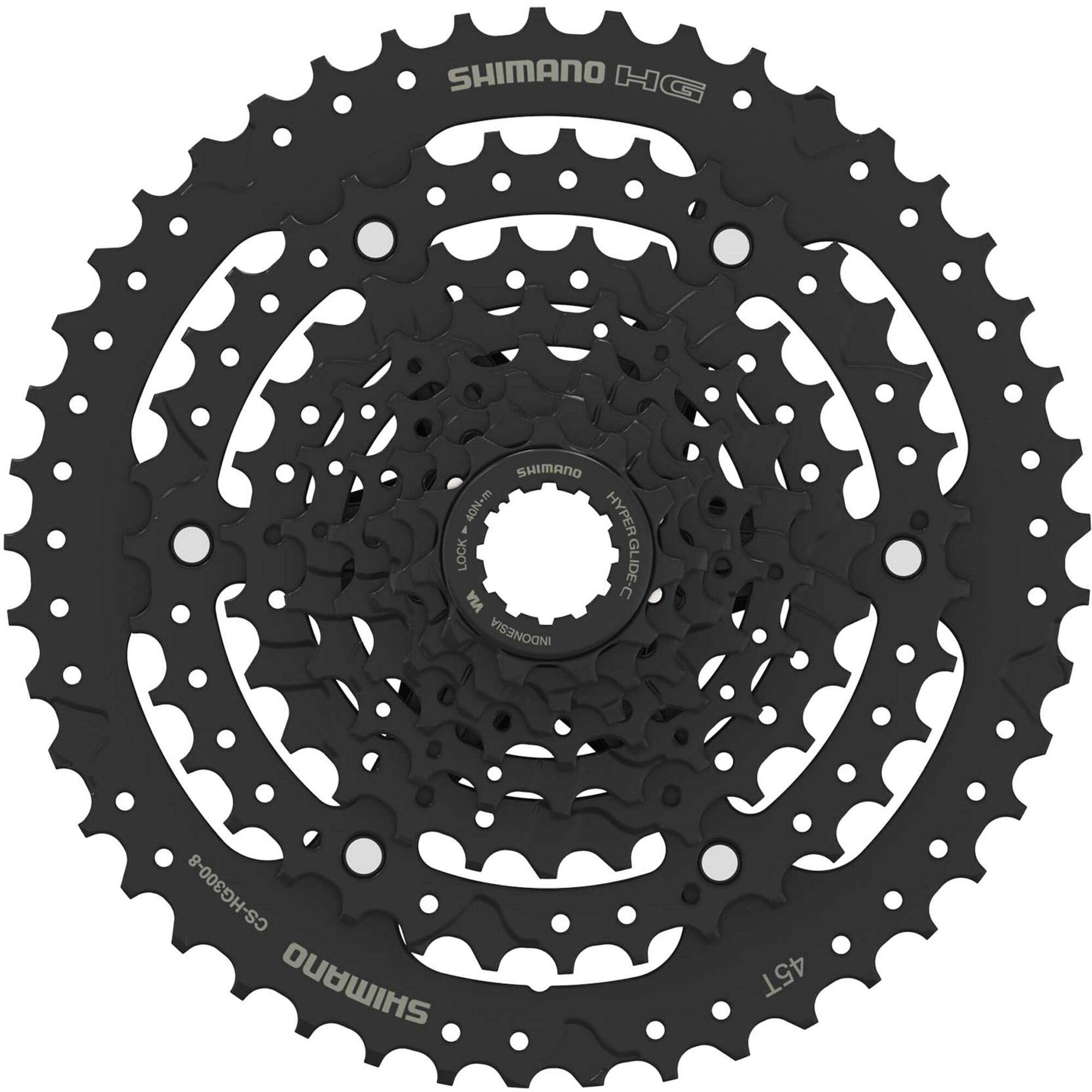 Shimano ESSA CS-HG300 8-speed cassette with 11-45T gear range, durable bike component for smooth shifting.