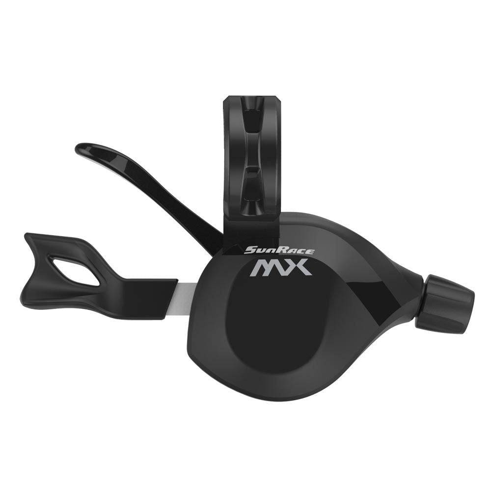 SunRace DLMX3N R11 11-speed MTB dual lever shifters installed on mountain bike handlebars, close-up of shifter controls.